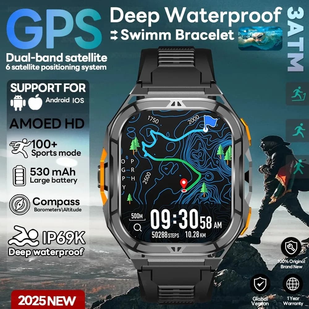 2025 Novo GPS Relógio inteligente Masculino 1.96 polegadas HD tela Amoled bússola bluetooth chamada 5atm à prova Dág