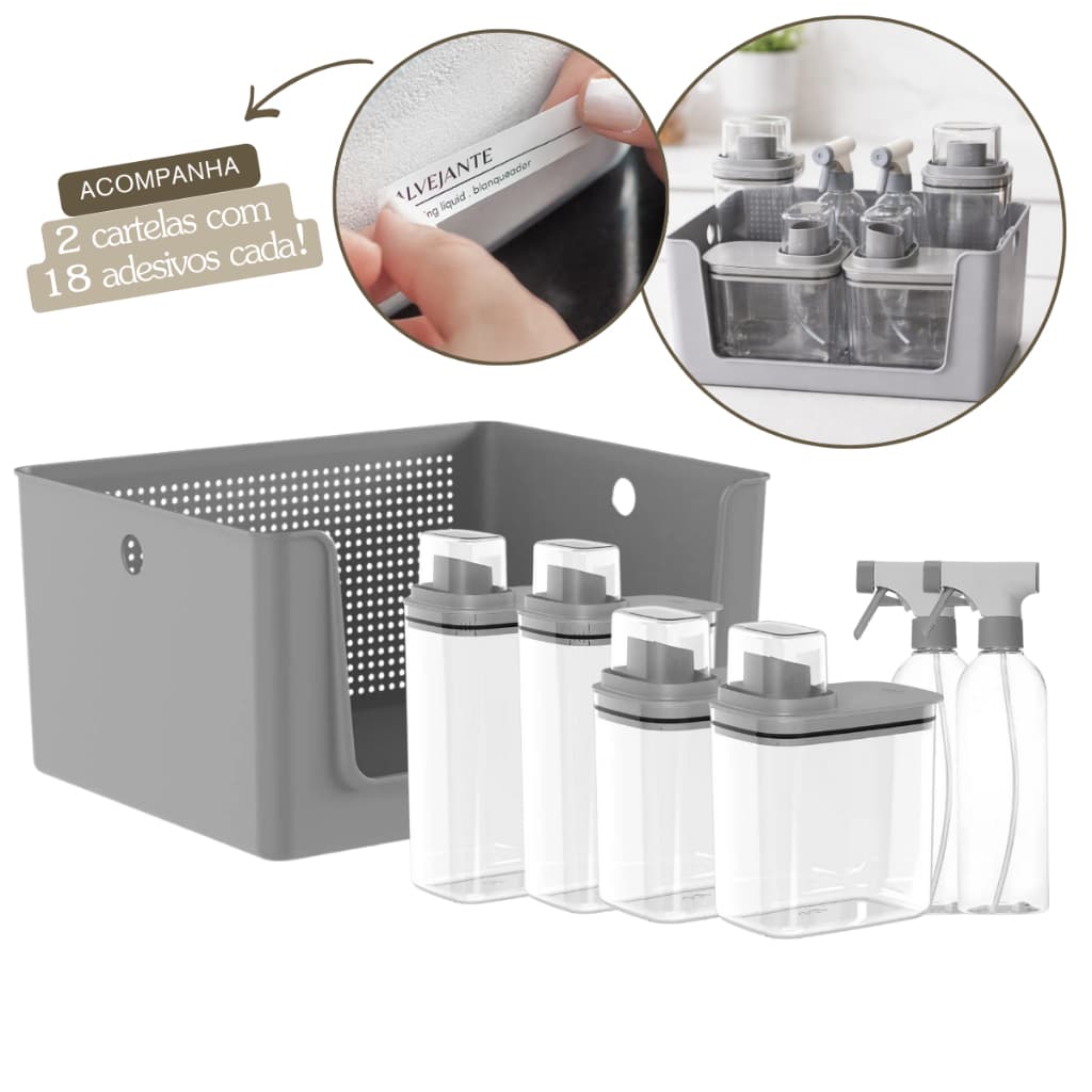 Kit Para Lavanderia 7 Peças Cesto Organizador Dispenser Sabão Borrifador e Etiquetas