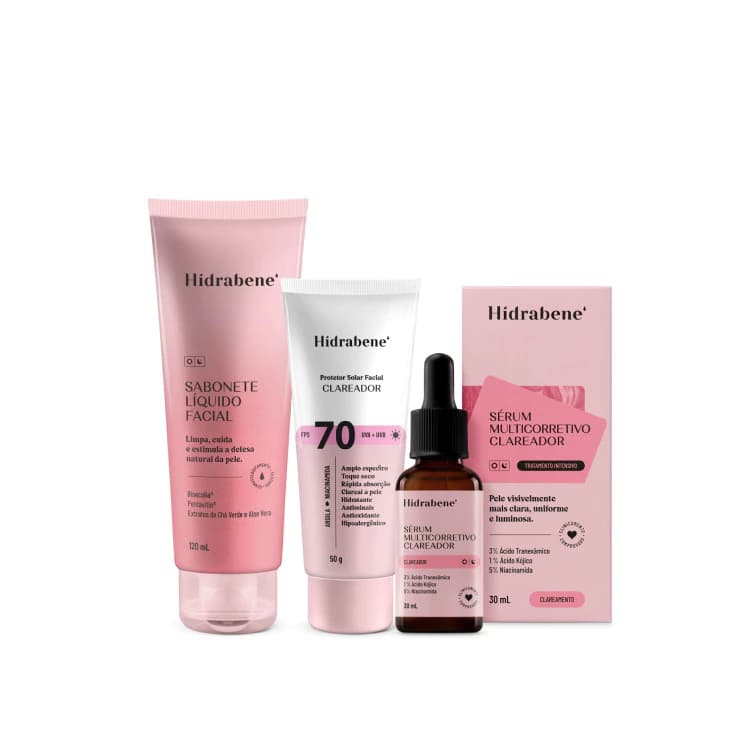 Kit Hidrabene Clareador Skincare Clareador Facial: Sabonete, Protetor 70 FPS e Sérum Multicorretivo