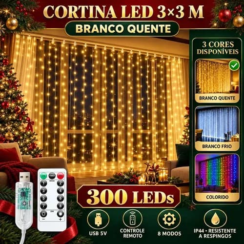 Pisca Cortina 300 Leds 3x3m Usb Ip44 Branco Quente Luvinco