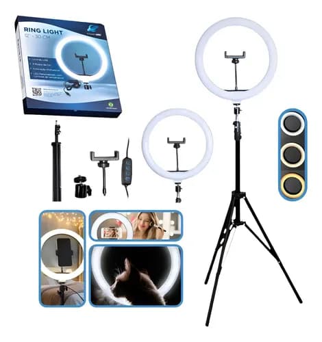 Ring Light 12 Polegadas 30cm Smartphone Tripé 2,10m Estrutura Preto Luz 03 Três Cores