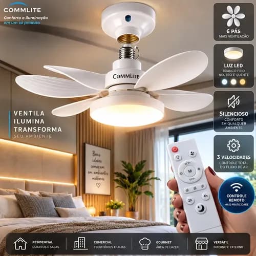 Ventilador de Teto 60W Silencioso Lâmpada Forte com LED, Controle e 6 Pás Soquete E27 Para Residencial Comercial Interno Externo Quarto Sala Cozinha