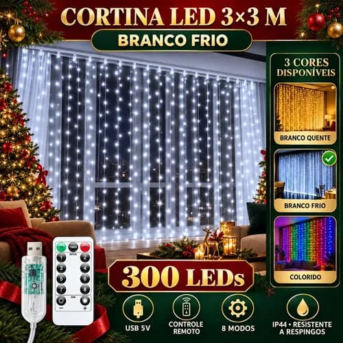 Pisca Cortina 300 Leds 3x3m Usb Ip44 Branco Frio Luvinco
