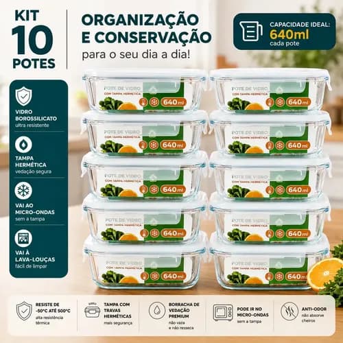 Kit com 10 Pote De Vidro Marmita Hermético 640ml