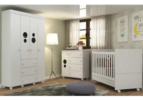 Quarto Bebê Completo Guarda-roupa Cômoda Berço Colchão Pimpolho Multimóveis Branco