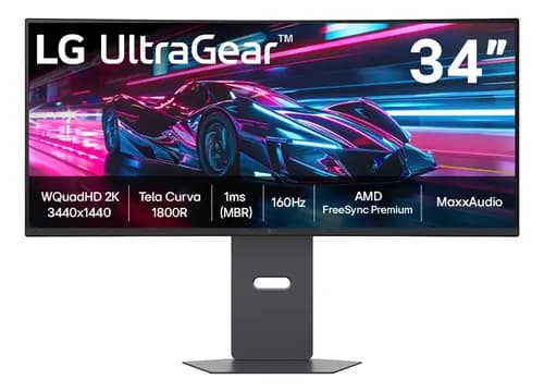 Monitor Gamer Curvo LG UltraGear 34, QHD, UltraWide, 160Hz, 1ms, Anti-reflexo, FreeSync Premium, HDR10, Altura Ajustável, Som Integrado – 34G600A-B