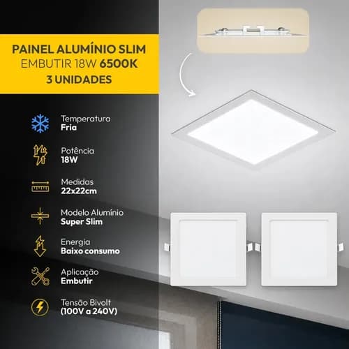 Kit 3 Painel Led Plafon Embutir Quadrado 6500k 18w 22x22cm