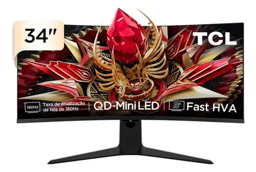Monitor Gamer TCL 34″ WQHD QD-Mini LED Curvo 180Hz 1ms Fast HVA Ultrawide Certificação HDR 1400, Som Duplo 6W – 34R83Q