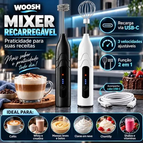 Mixer Elétrico Portátil 2 Em 1 Recarregável 3 Velocidades Woosh