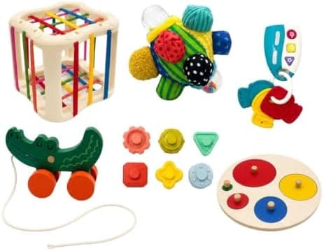 Conjunto Brinquedo Montessori Bebê Madeira Bola Sensorial Cubo Formas Jacaré de Puxar Experience Maxi Baby