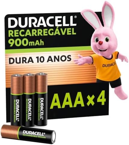 Duracell Pilha Recarregável AAA 900mAh Palito Com 4 Unidades – Ideal para Câmeras Digitais e Dispositivos de Alto Consumo