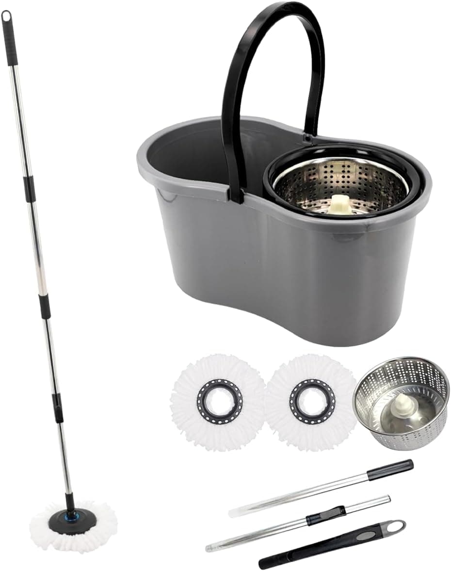 Mop Com Balde Giratório Cesto Em Inox, 9 Litros Com 2 Refis De Microfibra