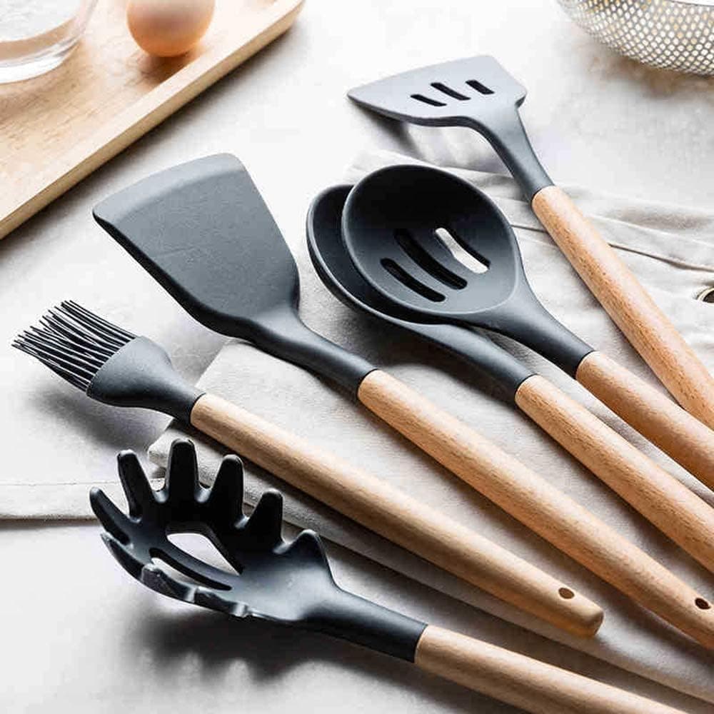 Kit Utensílios de Cozinha com Suporte Organizador, Conjunto de Colheres, Espátulas, Pegador, Batedor e Pincel com Cabos Amadeirados, Acessórios para Cozinhar e Servir