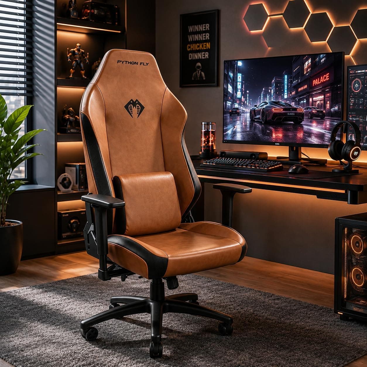 Python Fly Cadeira Gamer Reclinável 155° com Apoio de Braço 3D Assento Extra Largo e Design Racing Marrom