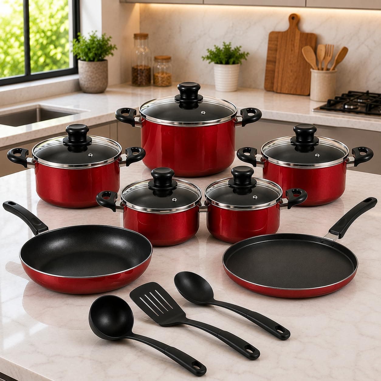 Kit de Panelas Antiaderentes 7 Peças com Tampas de Vidro + Frigideira + Panquequeira + Kit de Utensílios | Revestimento Antiaderente | Fogão a Gás | Cozinha Completa