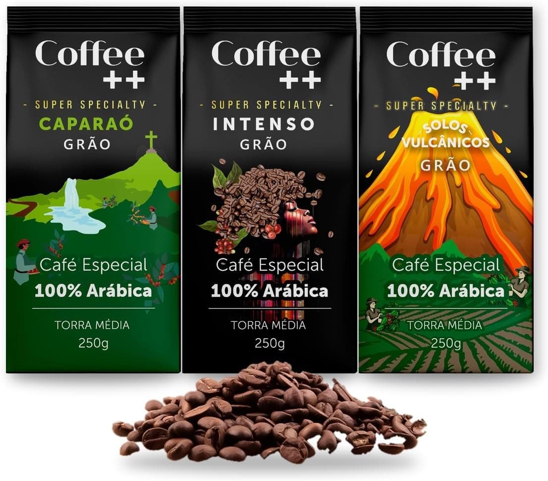 Kit 3 Pacotes Café Especial Em Grãos Coffee Mais Variedades: Caparaó, Intenso E Solos Vulcânicos - 100% Arábica (3x250g)