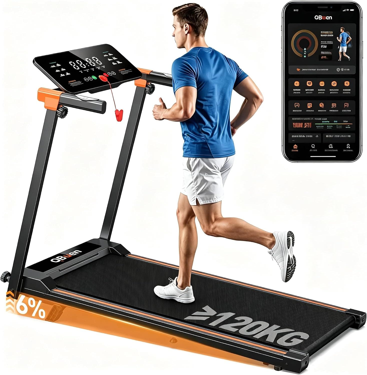 QBuen Esteira Ergométrica Eletrica Bivolt Silenciosa com Bluetooth e LED, 2.5HP Motor <45dB, Inclinação 1°/6°, Amortecimento de Impacto, Velocidade 1-10km/h, Capacidade 120kg, Dobrável com Rodinhas