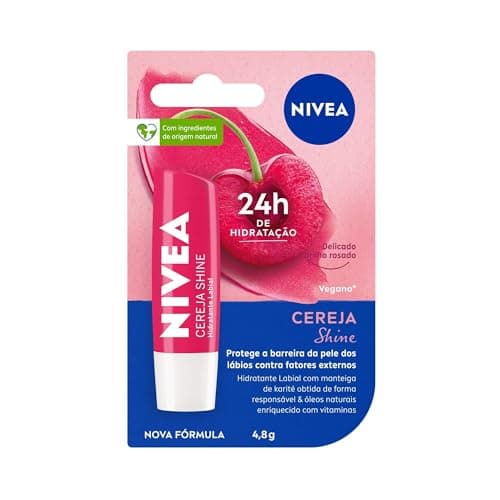 NIVEA Hidratante Labial Cereja Shine 4,8g, Hidratação Intensa 24h, Cor Suave, Brilho Delicado, Cuidado Diário, Manteiga de Karité