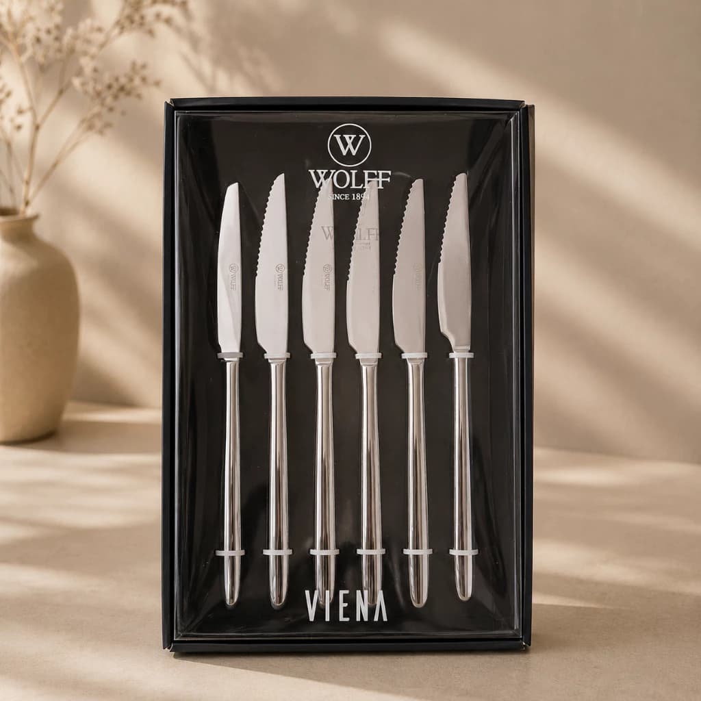 Conjunto 6 Facas para Churrasco Wolff Viena Aço Inox 23 cm Talheres para Carnes Mesa Posta Churrasqueira Almoço e Jantar
