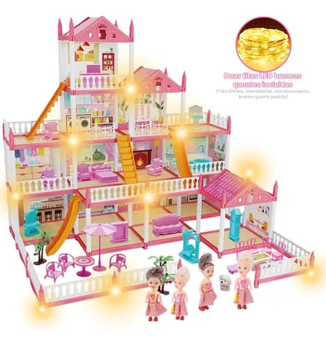 Casinha De Boneca Castelo Da Princesa 283 Pcs Rosa Com Quatro Bonecas