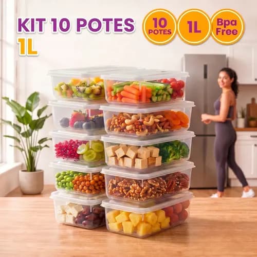 Kit 10 Potes 1 Litro Transparente Marmita Fitness Tampa Hermética