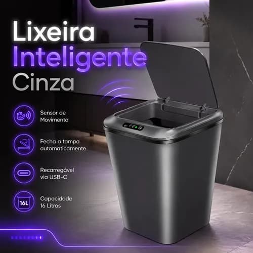Lixeira Inteligente Sensor Automático 16l Cinza Smart Recarregável