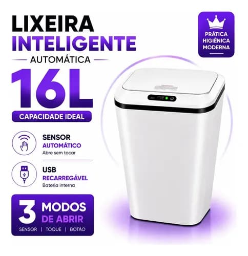 Lixeira Inteligente Automática 16L Sensor Infravermelho Recarregável