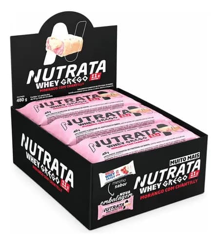 Barra de proteínas Nutrata WHEY Grego 40G sabor Morango com chantilly x 480g 12 un