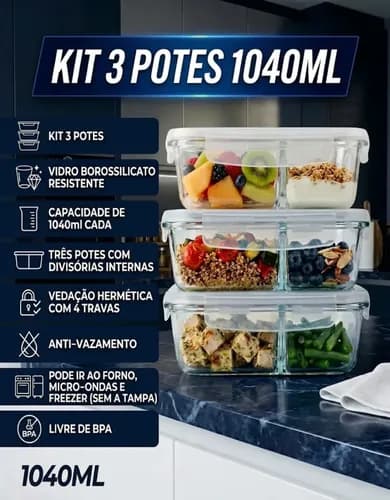 Kit 3 Potes De Vidro 1040ml Com Divisória E Tampa Hermética Borossilicato Pítia
