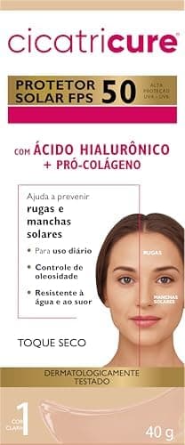 CICATRICURE Protetor Solar Facial FPS 50 Antissinais Toque Seco Cor Clara, Previne Rugas e Manchas, Ultra Proteção UVA UVB, Ácido Hialurônico para Pele Oleosa, 40 ml, 1 pack