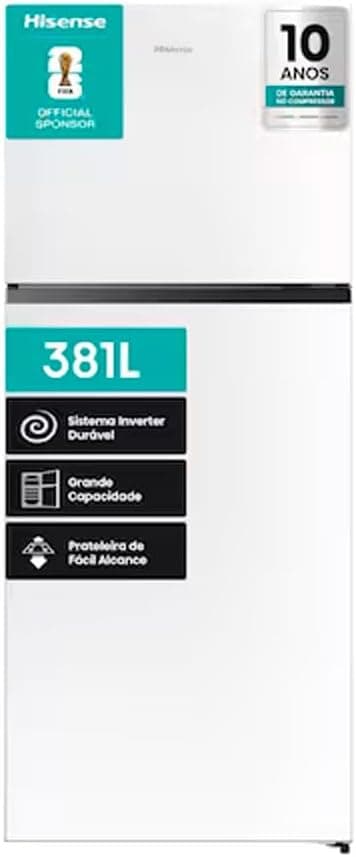 Hisense Geladeira Duplex RT375N3EWA1 381 Litros 70x63,5x172 cm Classificação Energética A Branca Inverter Total No Frost 2 Portas Frost Free