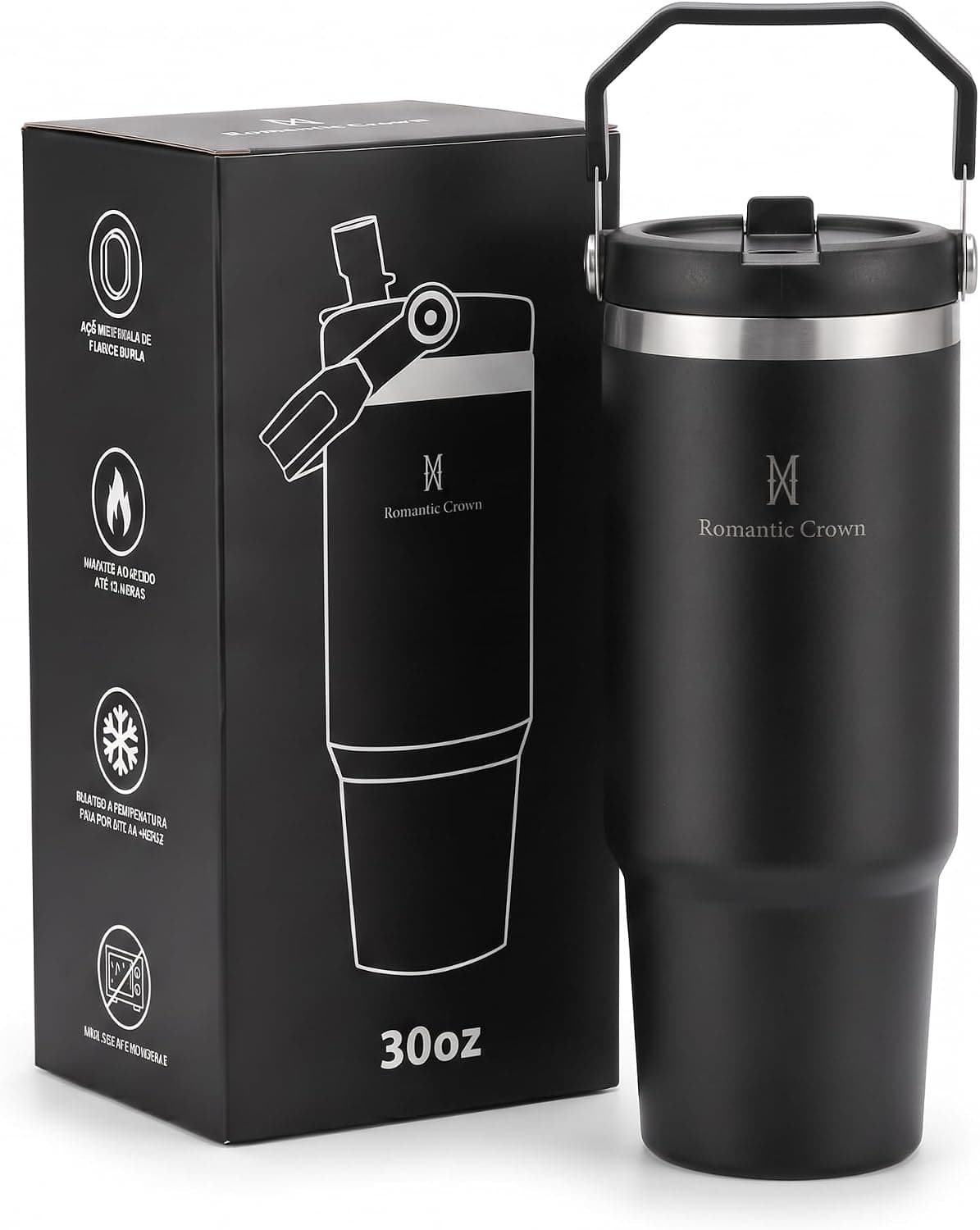Copo Térmico 900mL em Aço Inoxidável com Canudo Tampa e Alça (Preto)