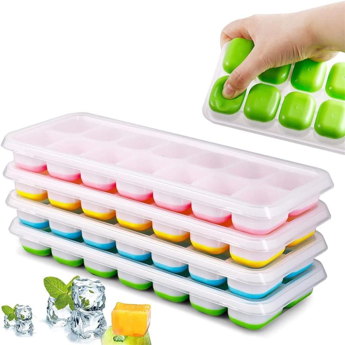 Kit 4 Unidades Forma Com Tampa Gelo Ice Flexivel Forminha Fundo Silicone 14 Cubos Alimentos Frutas Papinha