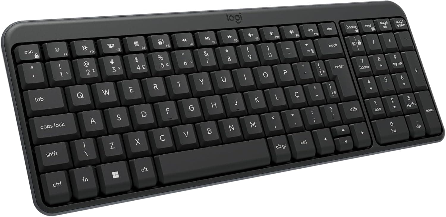 Teclado Sem Fio Logitech K250 Bluetooth com Conectividade Rápida e Fácil, Design Compacto, Teclado Numérico, Layout ABNT2, Teclas Resistentes a Derramamentos, Compatível com PC e Mac – Grafite