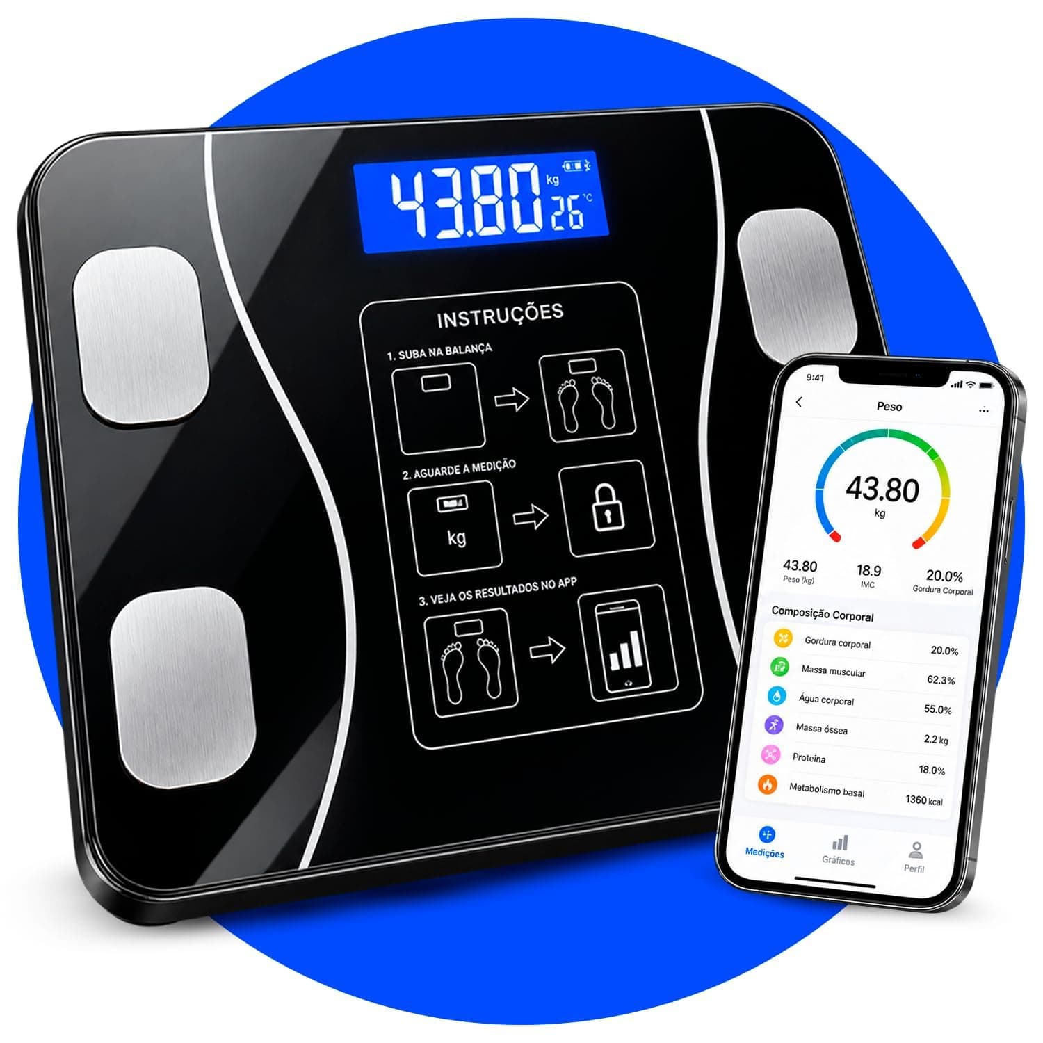 Balança Corporal Inteligente Digital Bluetooth até 180kg, Bioimpedância, Aplicativo, Gordura Corporal, Massa Muscular, Precisão 50g Fitness Premium