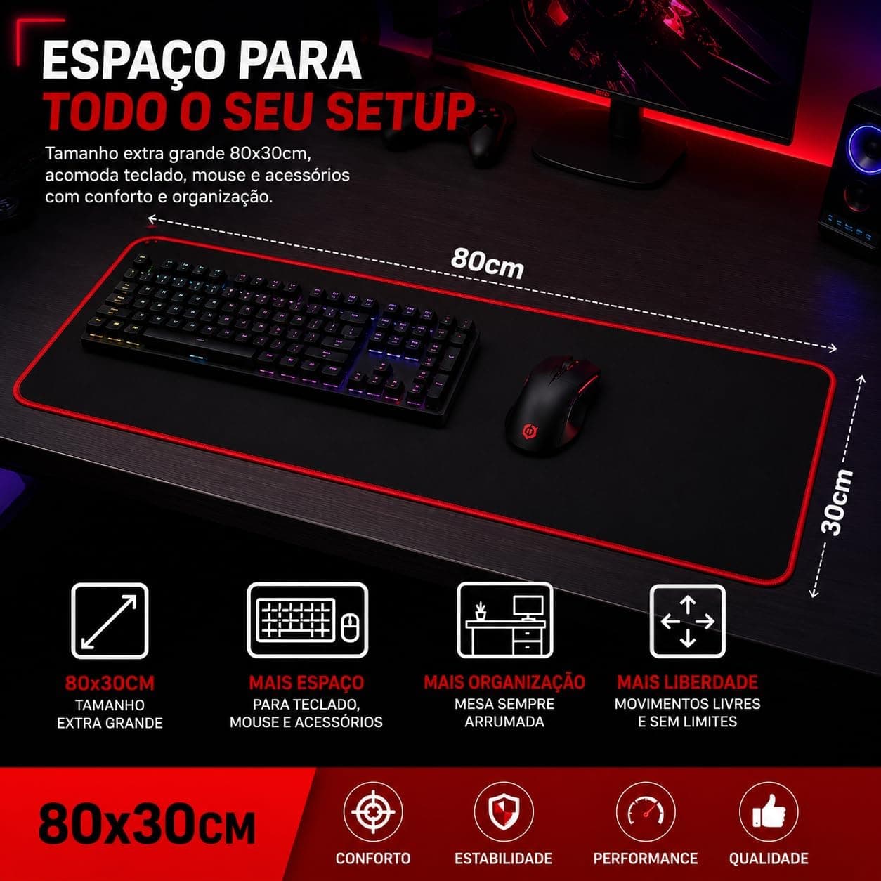 Mouse Pad Gamer 80x30cm Antiderrapante Premium
