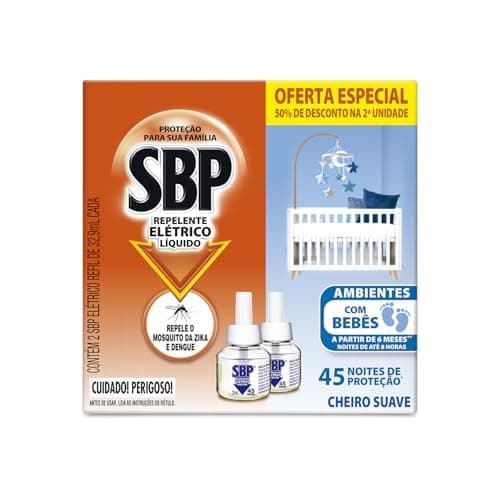 Repelente Elétrico Líquido SBP 45 Noites Cheiro Suave com 2 unidades de 32.9ml